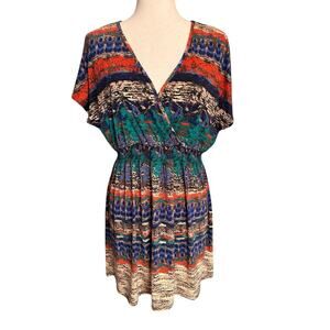 SOMA Sz Large Jewel Tone & Brown Top Empire Waist V-Neck Beach Coverup Tunic